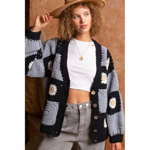 POL Sweaters - POL Lyla Daisy Patch Crochet Cardi in Black/Grey Multi SMST461